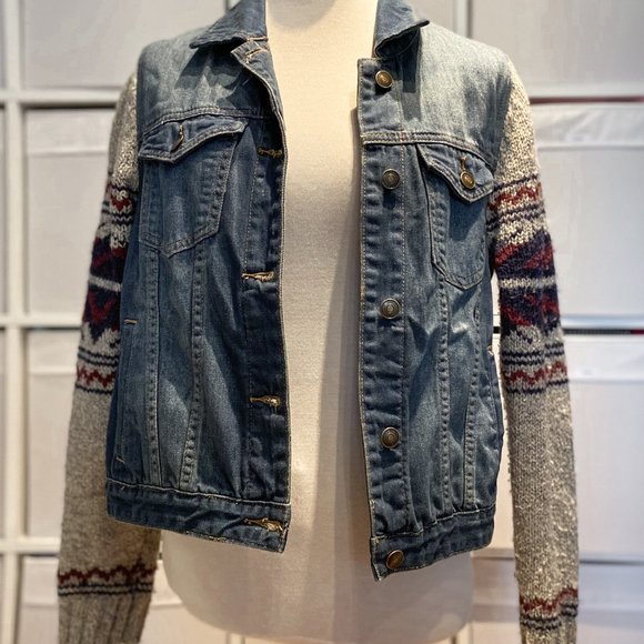 Forever 21 Denim Jean Jacket with Knit Sweater Arms - Picture 7 of 9